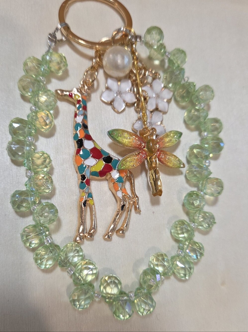 Whimsical Enameled Giraffe Dragonfly Bag Charm Keychain Green Beaded Wristlet - Picture 3 of 16